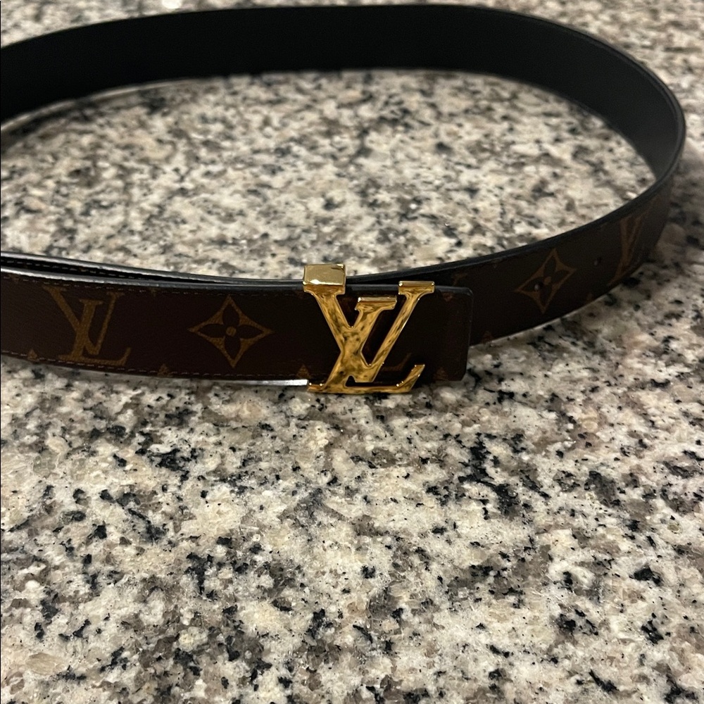 Authentic Louis Vuitton Dark Brown Monogram Belt with Gold Buckle